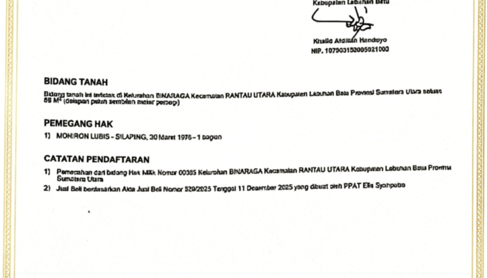 Sertifikat Hak Milik Terbit, Bukti Kepastian Hukum Tanah Masyarakat di Labuhanbatu