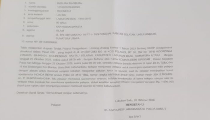 Pinjam Motor Alasan Beli Serapan, Pria di Labuhanbatu Diduga Bawa Kabur Motor Teman
